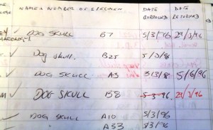 A page from one of the Grant Museum loan books. Note how some of the unnumbered ‘Dog skulls’ don’t appear to have a return date. SAD SMILEY FACE. (C) UCL Grant Museum