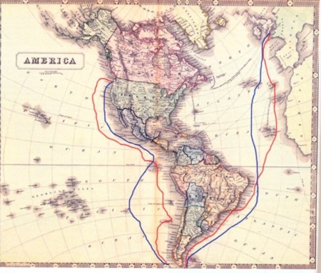 Map of the voyage of the Hudson Bay’s Company William & Ann, 1824-1826, based on the readings recorded in the ship’s log (red outward voyage 1824-1825; blue return voyage, 1825-1826)