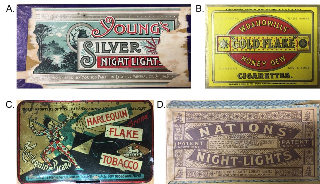 Boxes and tins that would have been home to candles, cigarettes and tobacco, later used to store fungi specimens, including Young's Silver Night Lights, W.D. & H.O. Wills' Honey Dew cigarettes, Harlequin Flake Tobacco and Nations' Patent Night-Lights.